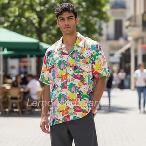 Sanrio Hello Kitty Hawaiian Button Up Shirt Top S Rayon Aloha Kidcore Indie